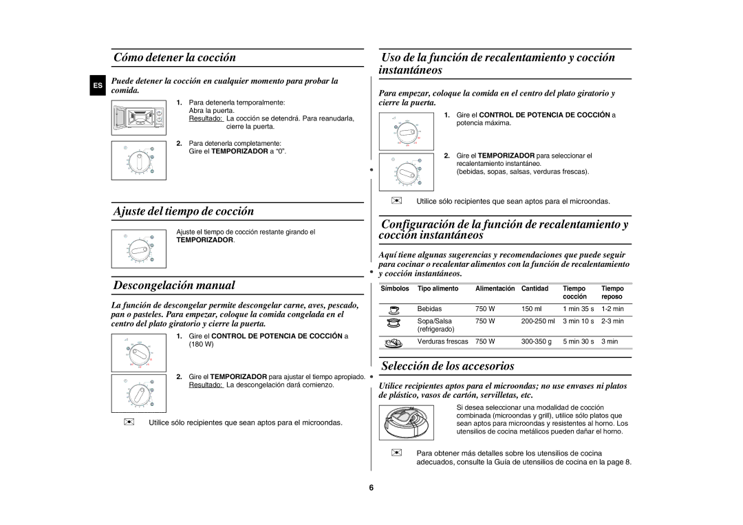 Samsung GW71E/XEC Cómo detener la cocción, Ajuste del tiempo de cocción, Descongelación manual 