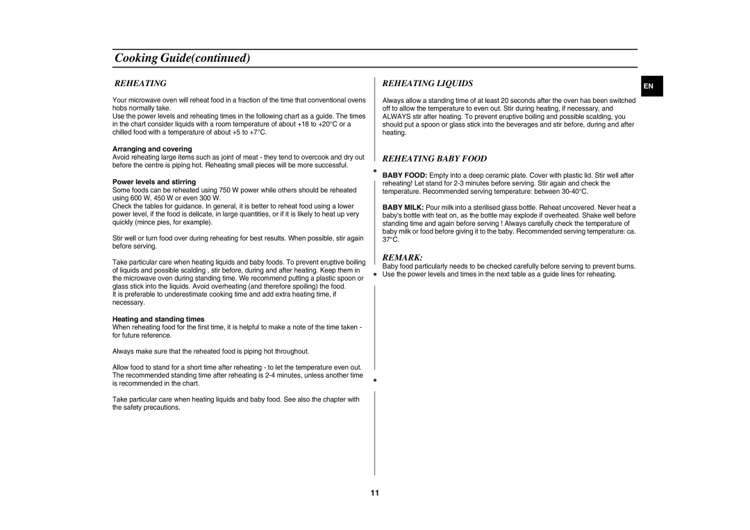 Samsung GW71E/GEN, GW71E/XEH, GW71E/BOL manual Reheating Baby Food, Remark 