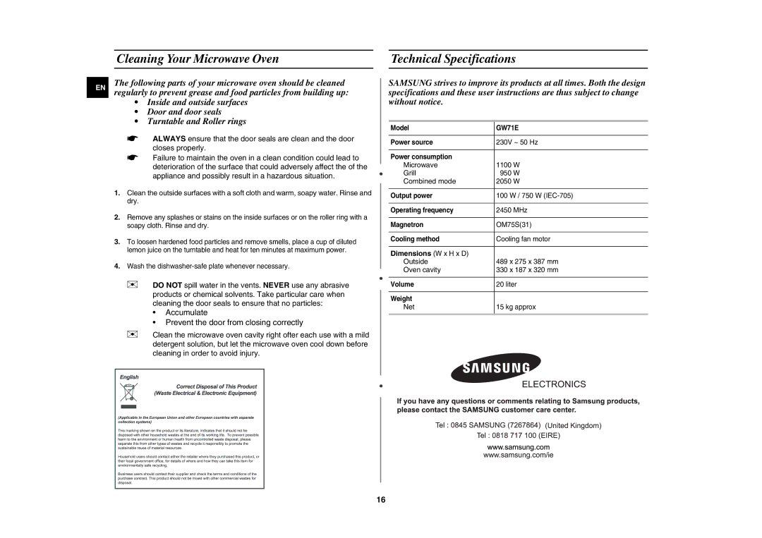 Samsung GW71E/BOL, GW71E/XEH, GW71E/GEN manual Cleaning Your Microwave Oven Technical Specifications, Dimensions W x H x D 