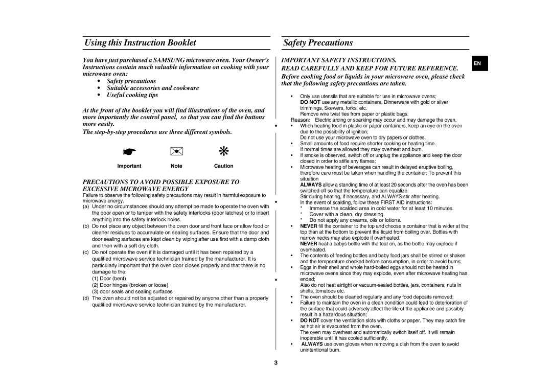 Samsung GW71E/XEH, GW71E/BOL, GW71E/GEN manual Using this Instruction Booklet, Safety Precautions, Important NoteCaution 