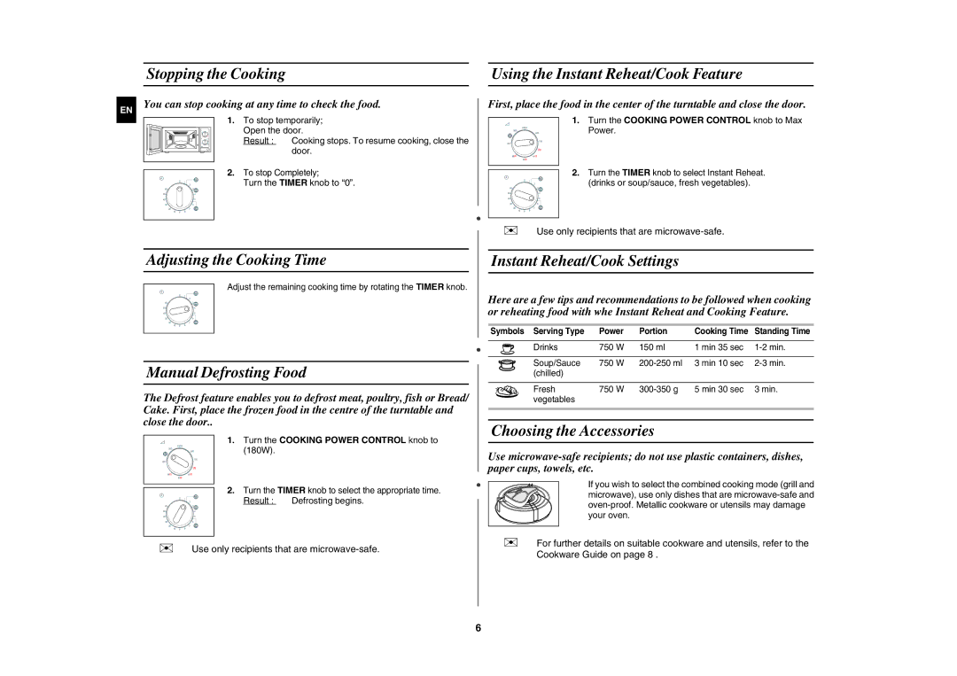 Samsung GW71E/XEH, GW71E/BOL manual Stopping the Cooking Using the Instant Reheat/Cook Feature, Adjusting the Cooking Time 