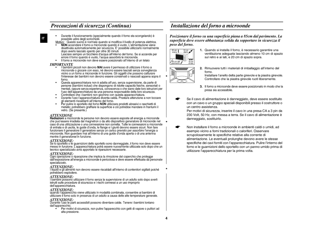 Samsung GW71E/XET, GW71E-S/XET manual Precauzioni di sicurezza Continua, Installazione del forno a microonde 