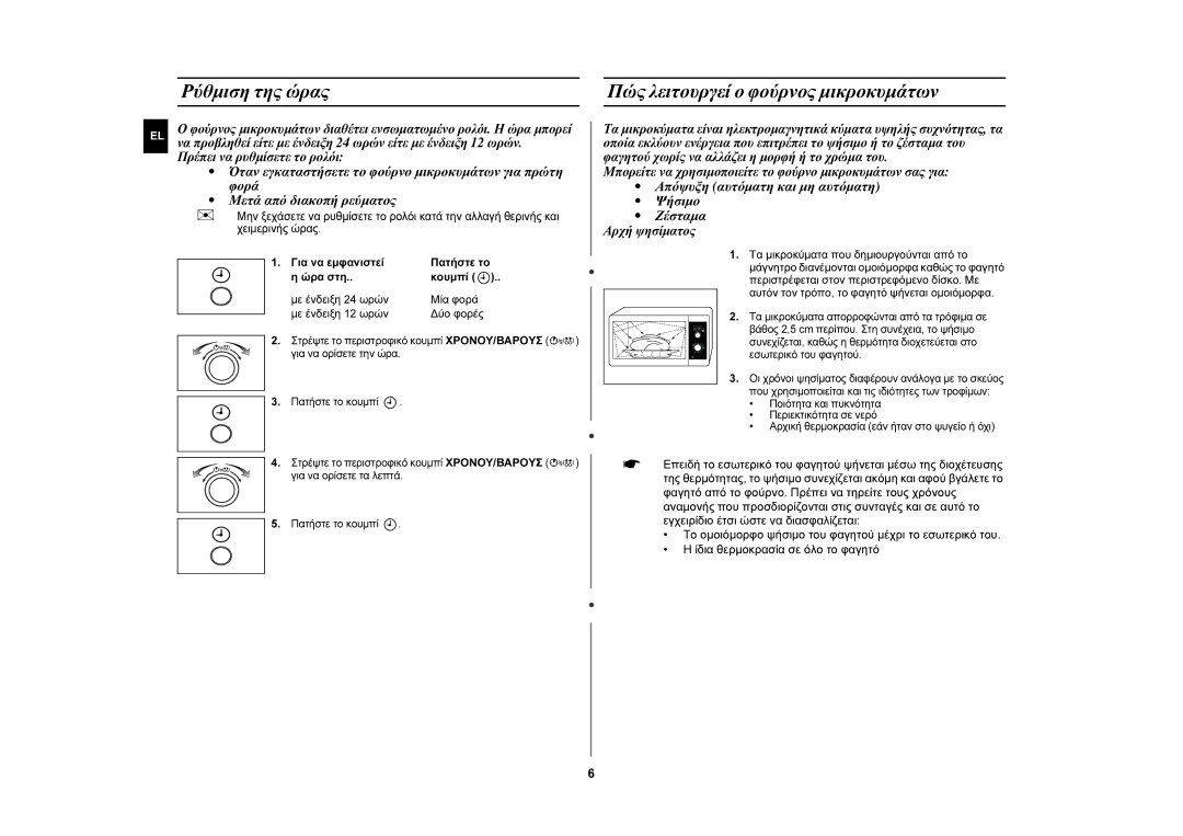 Samsung GW72N-B/ELE manual Ρύθμιση της ώρας Πώς λειτουργεί ο φούρνος μικροκυμάτων, Ζέσταμα, Αρχή ψησίματος, Χειμερινής ώρας 