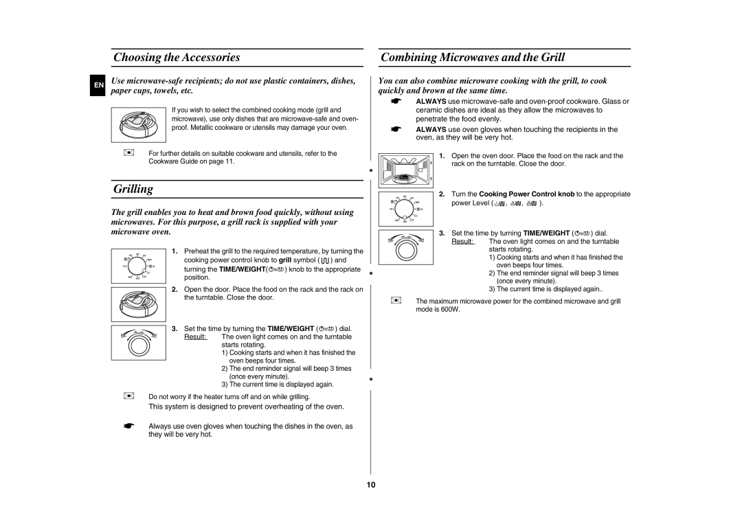 Samsung GW72N-B/ELE manual Choosing the Accessories Combining Microwaves and the Grill, Grilling 