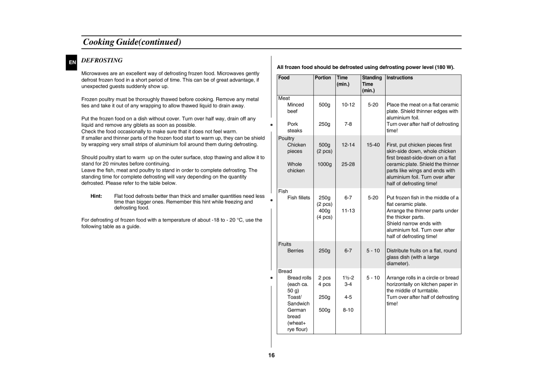 Samsung GW72N-B/ELE manual Defrosting 