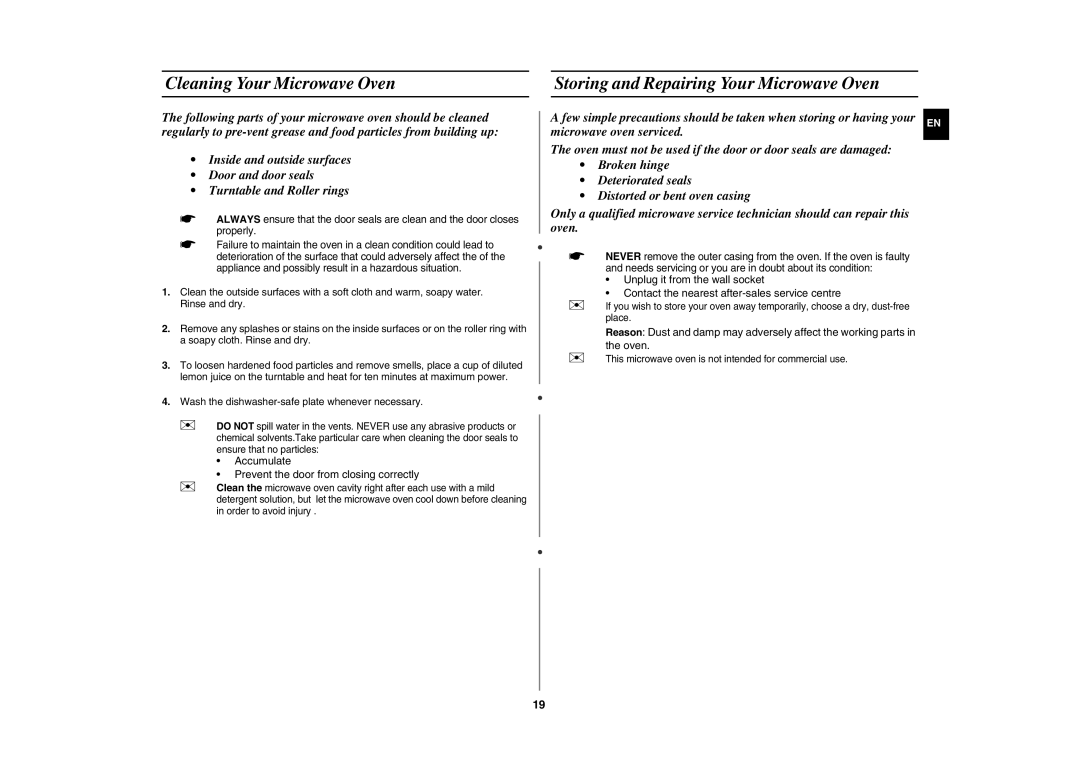Samsung GW72N-B/ELE manual Cleaning Your Microwave Oven, Storing and Repairing Your Microwave Oven 