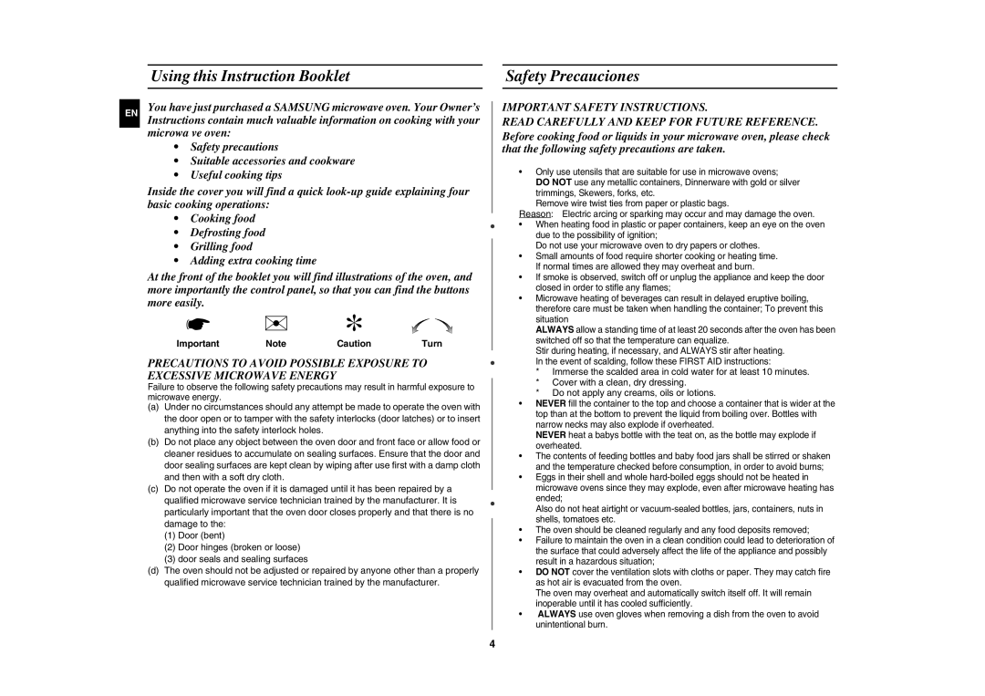 Samsung GW72N-B/ELE manual Using this Instruction Booklet, Safety Precauciones 