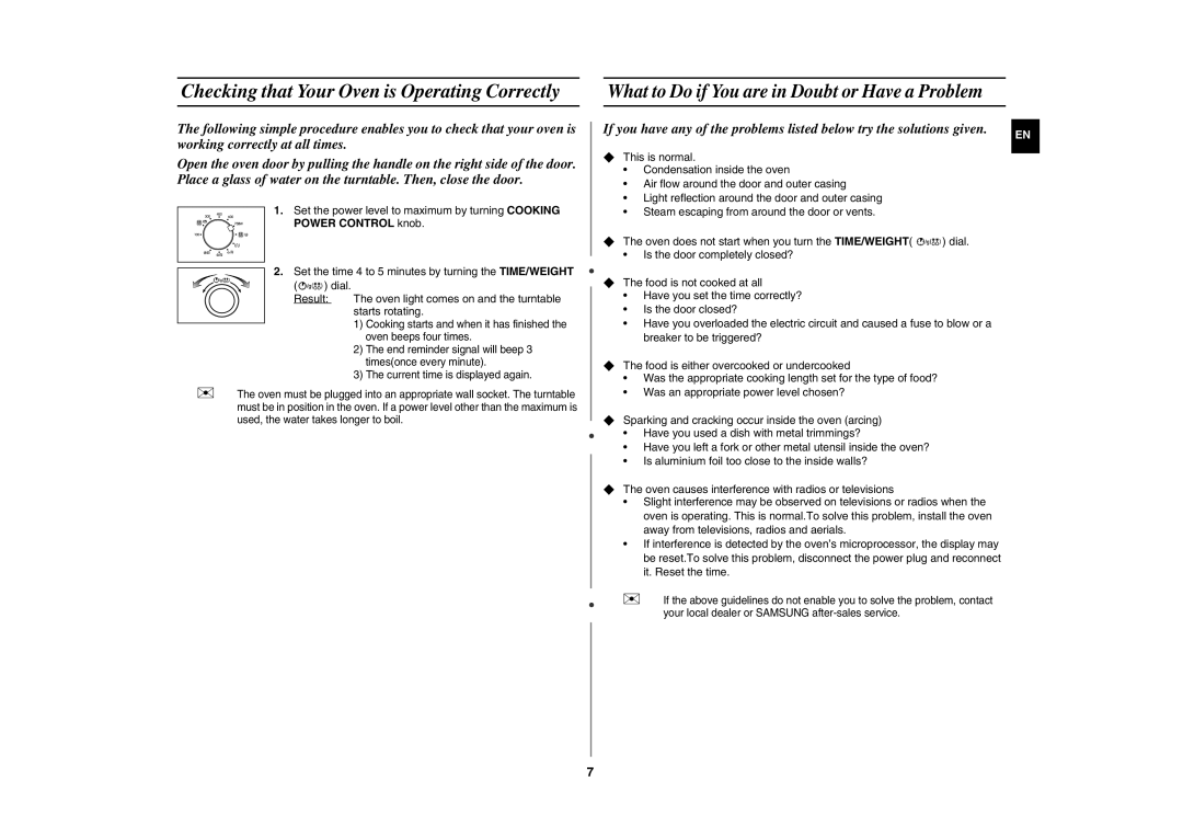 Samsung GW72N-B/ELE manual Checking that Your Oven is Operating Correctly, What to Do if You are in Doubt or Have a Problem 