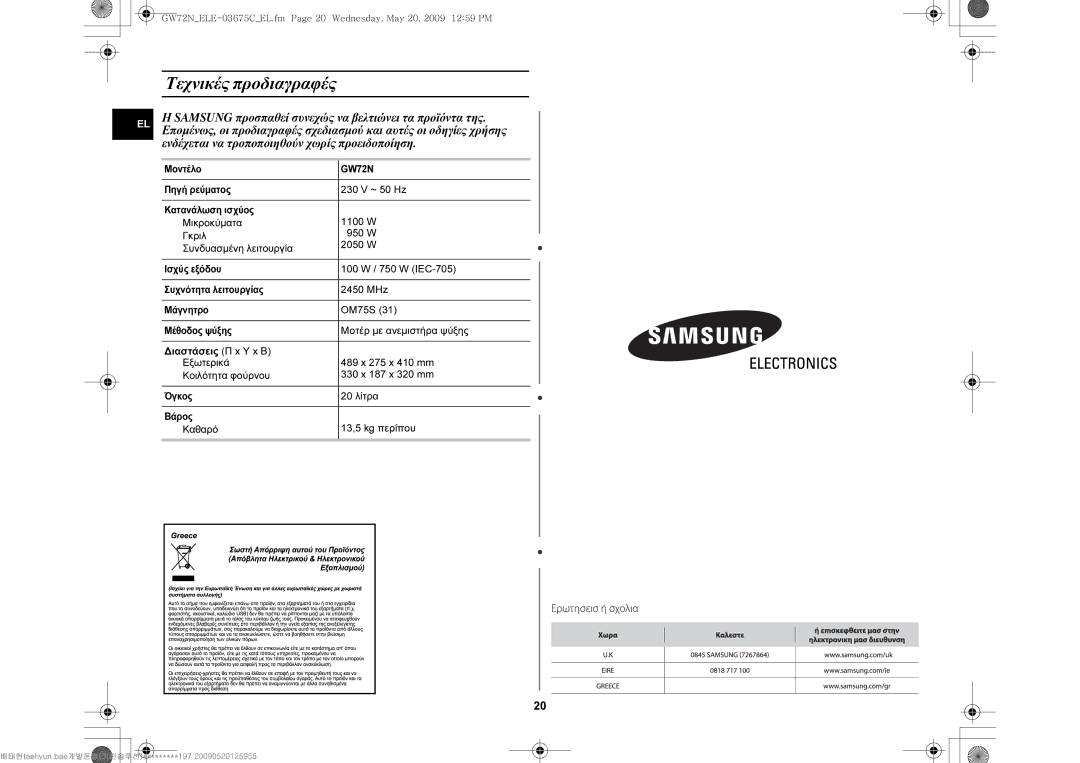 Samsung GW72N-B/ELE manual Τεχνικές προδιαγραφές 