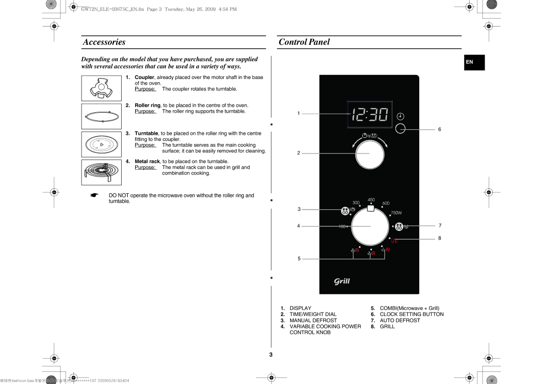 Samsung GW72N-B/ELE manual Accessories, Control Panel 