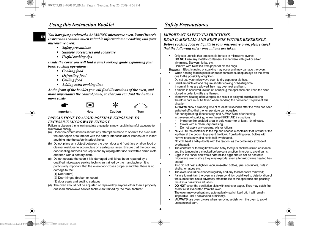 Samsung GW72N-B/ELE manual Using this Instruction Booklet Safety Precauciones 