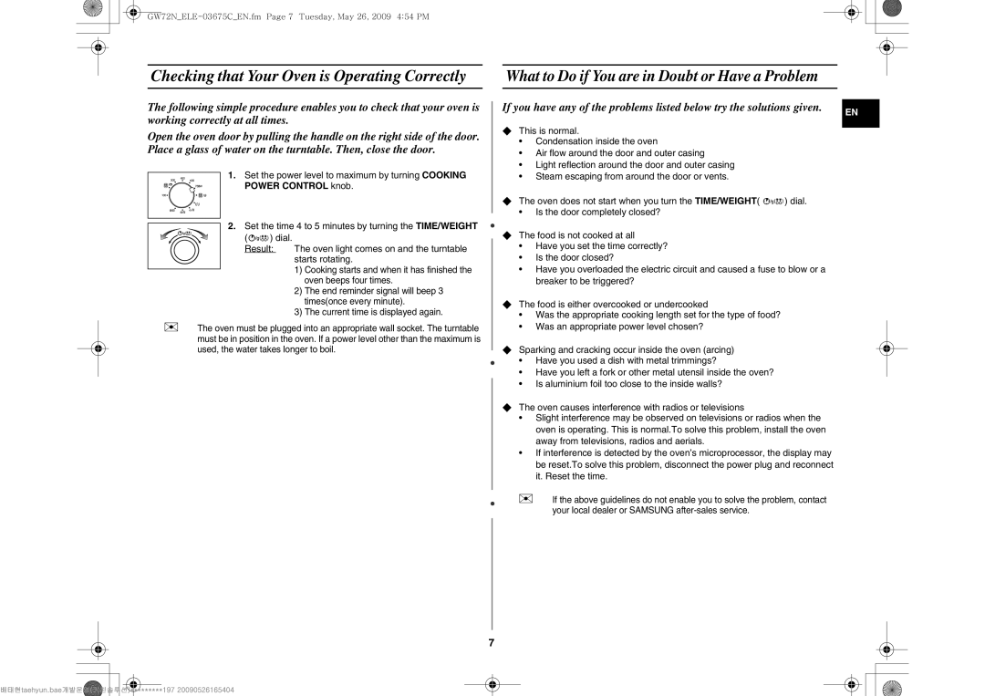 Samsung GW72N-B/ELE manual Checking that Your Oven is Operating Correctly, What to Do if You are in Doubt or Have a Problem 