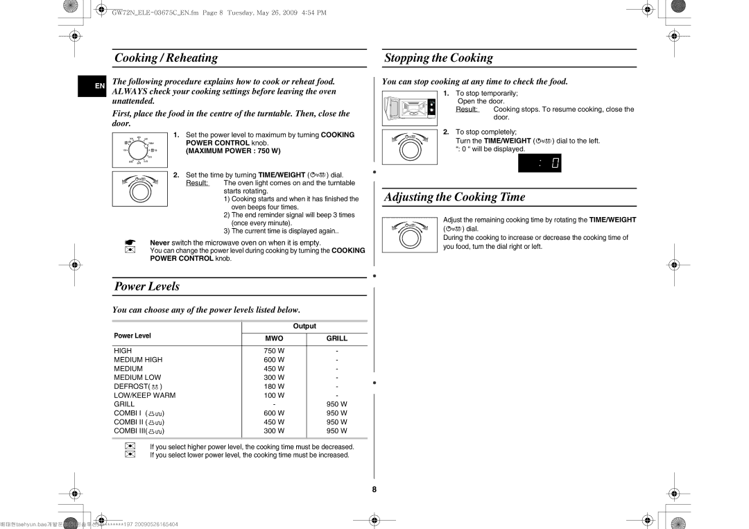 Samsung GW72N-B/ELE manual Cooking / Reheating, Stopping the Cooking, Adjusting the Cooking Time, Power Levels, Output 