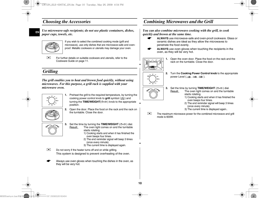 Samsung GW72N-B/ELE manual Choosing the Accessories Combining Microwaves and the Grill, Grilling 