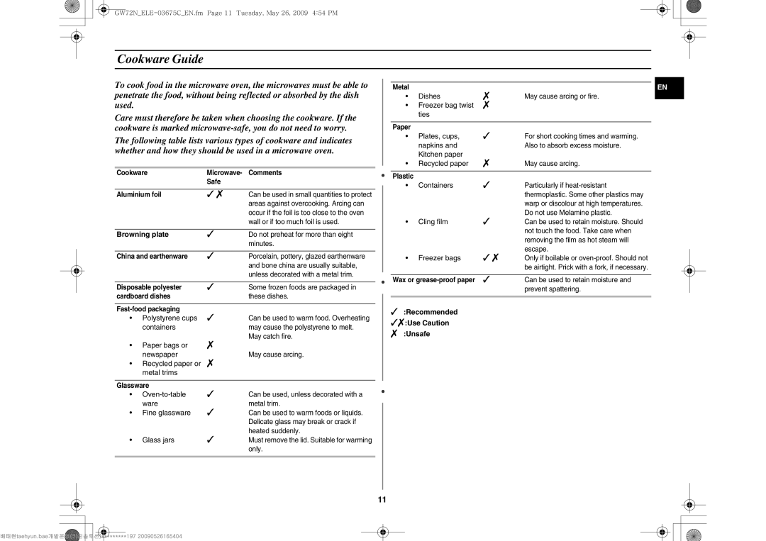 Samsung GW72N-B/ELE manual Cookware Guide, Browning plate,  Recommended Use Caution  Unsafe 