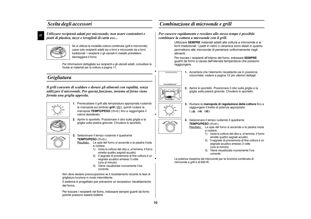 Samsung GW72N/XET, GW72N-S/XET, GW72N-SX/XET manual Scelta degli accessori Combinazione di microonde e grill, Grigliatura 