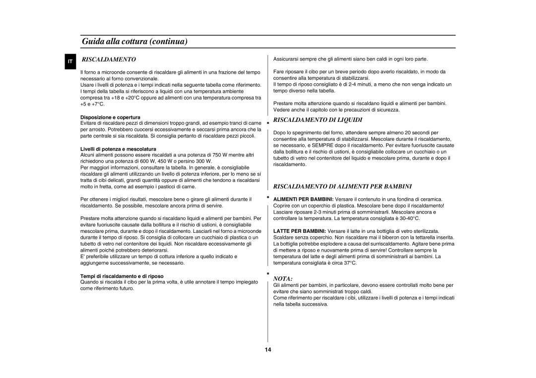 Samsung GW72N-SX/XET, GW72N-S/XET, GW72N/XET manual Riscaldamento DI Liquidi, Riscaldamento DI Alimenti PER Bambini, Nota 