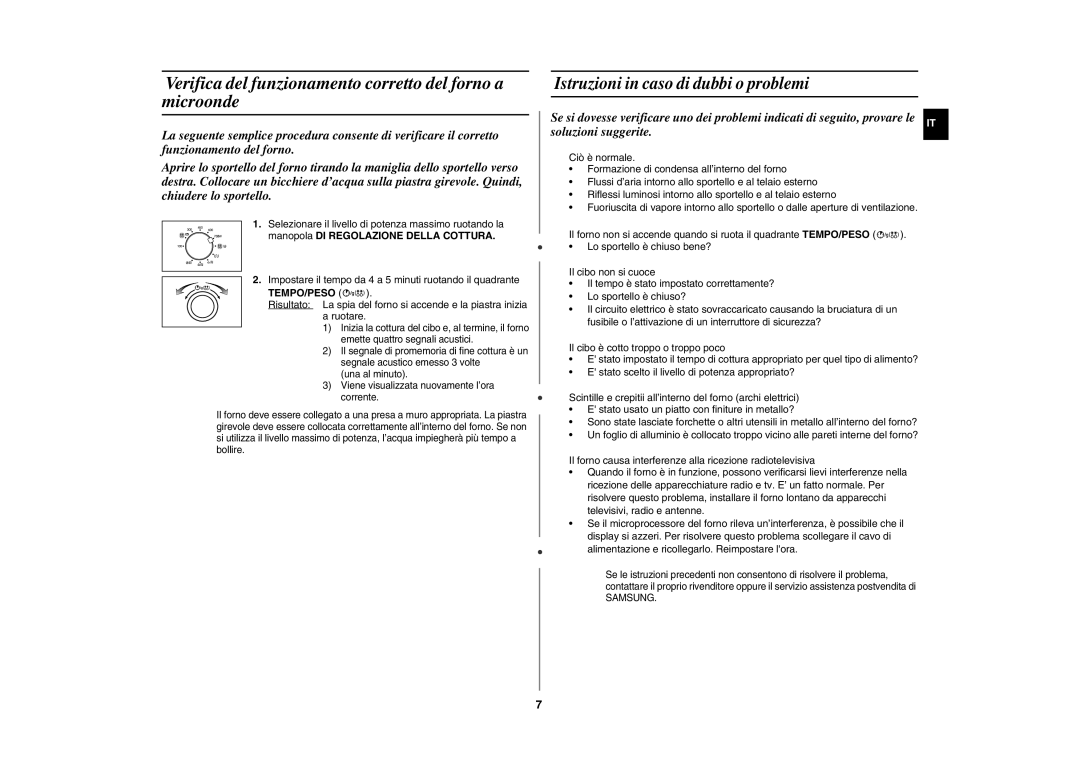 Samsung GW72N/XET, GW72N-S/XET, GW72N-SX/XET manual Verifica del funzionamento corretto del forno a microonde, Tempo/Peso 