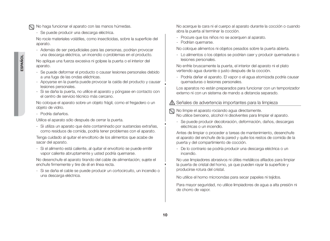 Samsung GW72N/XEG, GW72N/XEC manual Señales de advertencia importantes para la limpieza 