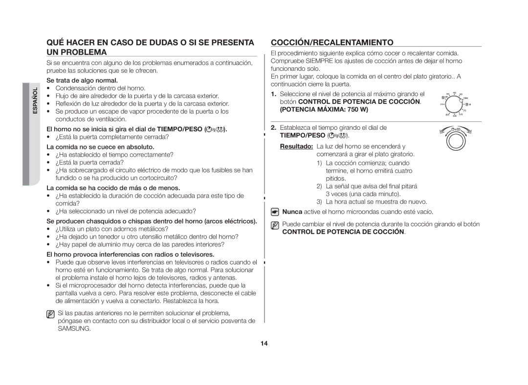 Samsung GW72N/XEG, GW72N/XEC manual Qué hacer en caso de dudas o si se presenta un problema, Cocción/Recalentamiento 