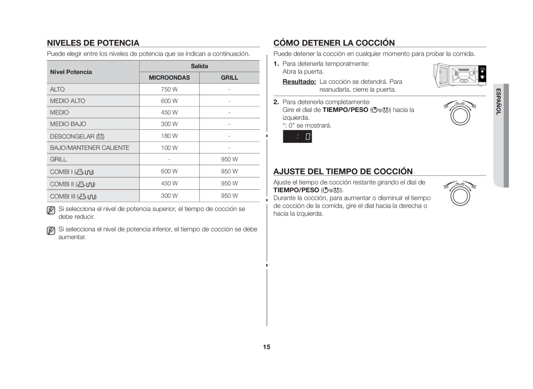 Samsung GW72N/XEC, GW72N/XEG manual Niveles de potencia, Cómo detener la cocción, Ajuste del tiempo de cocción, Salida 