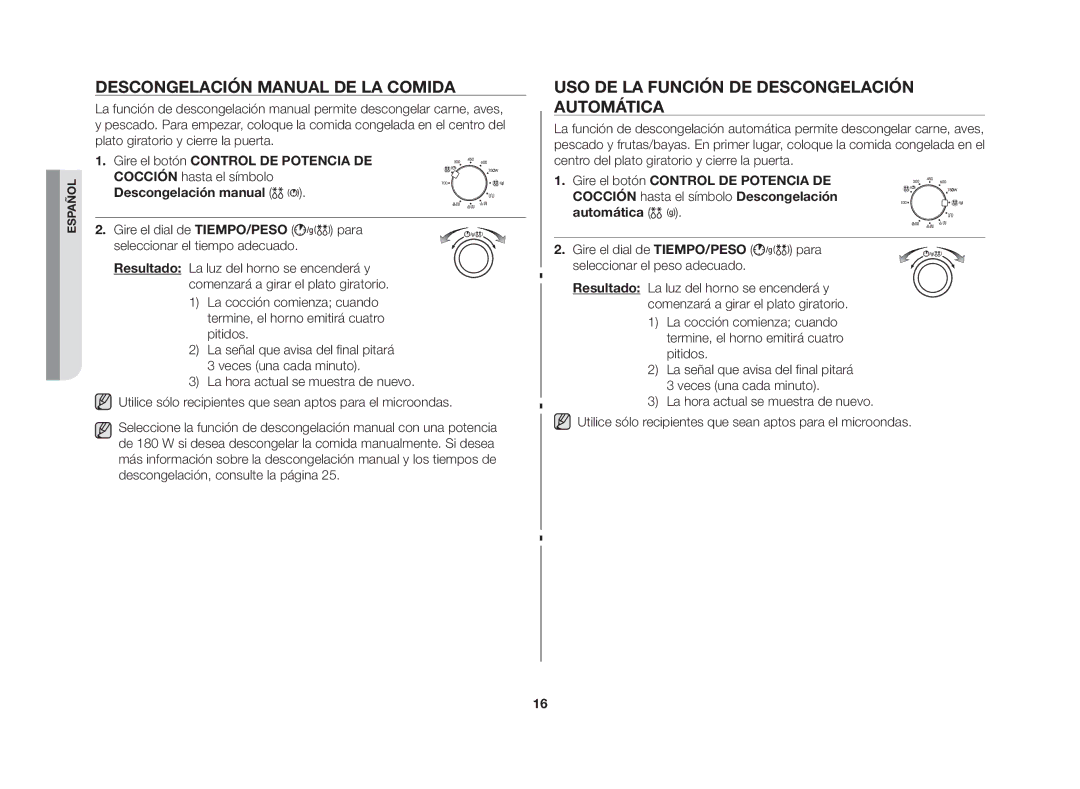 Samsung GW72N/XEG, GW72N/XEC Descongelación manual de la comida, Uso de la función de descongelación automática 