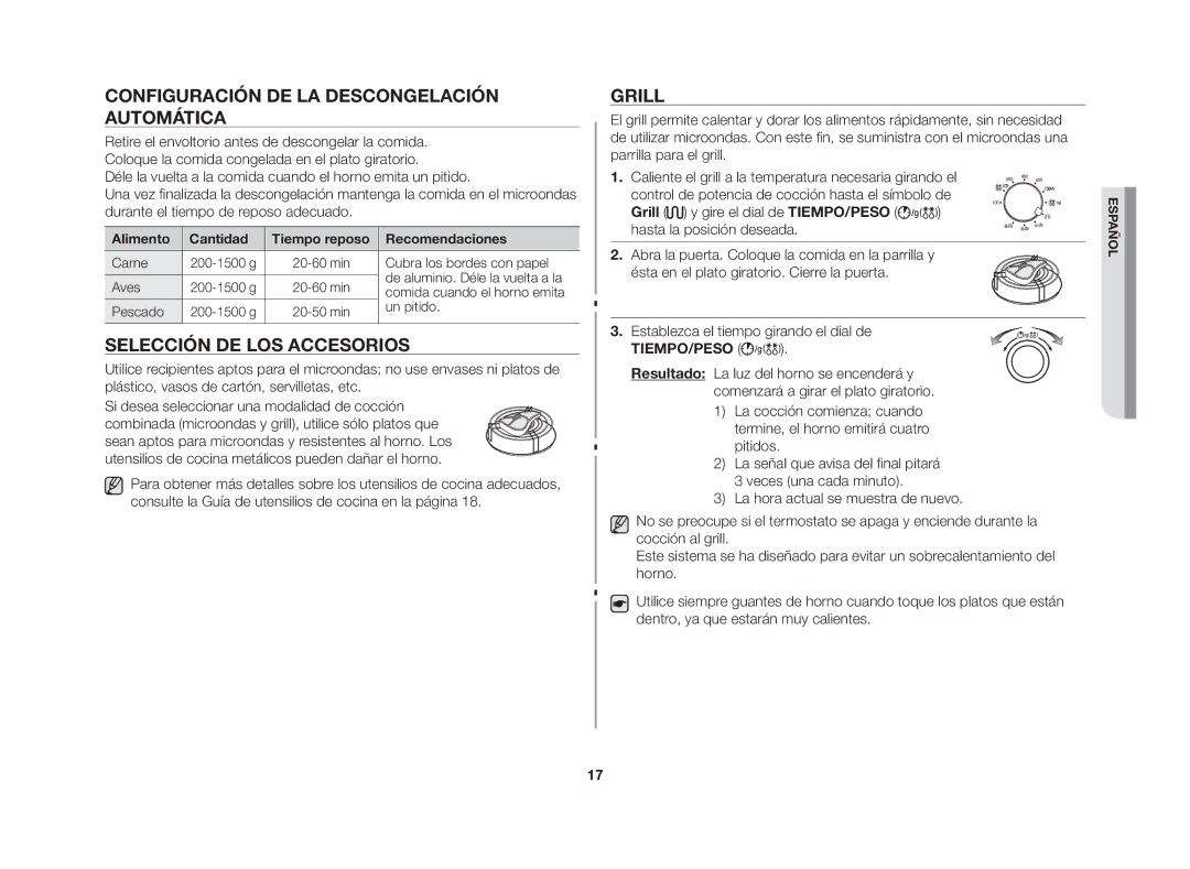 Samsung GW72N/XEC, GW72N/XEG manual Configuración de la descongelación automática, Selección de los accesorios, Grill 