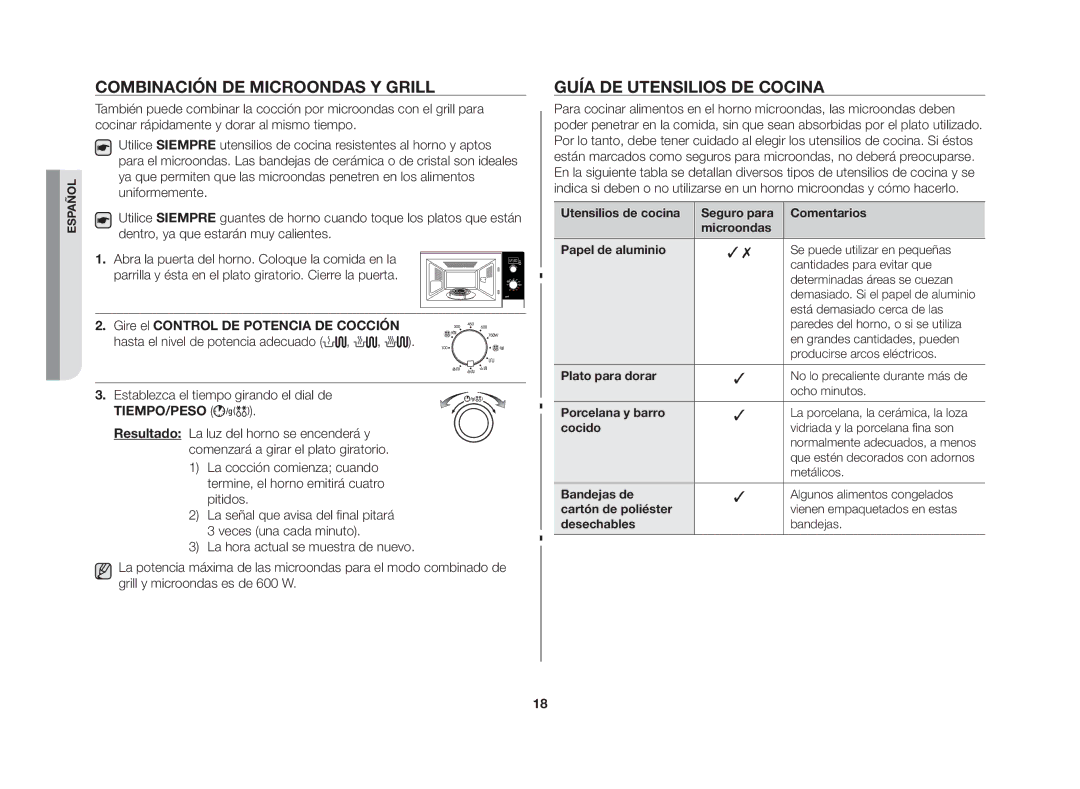 Samsung GW72N/XEG, GW72N/XEC manual Combinación de microondas y grill, Guía de utensilios de cocina 