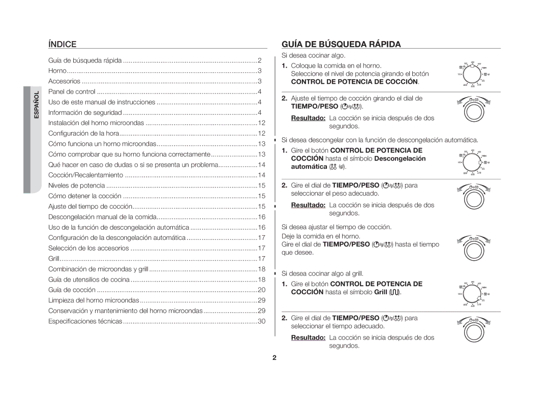 Samsung GW72N/XEG, GW72N/XEC manual Guía de búsqueda rápida, Ajuste el tiempo de cocción girando el dial de 