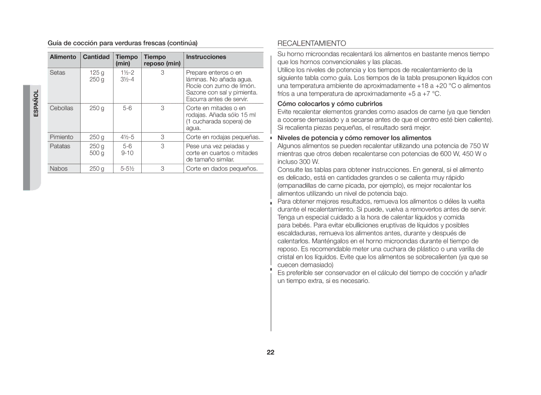 Samsung GW72N/XEG, GW72N/XEC manual Recalentamiento, Guía de cocción para verduras frescas continúa 