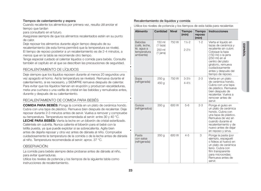 Samsung GW72N/XEC, GW72N/XEG manual Recalentamiento DE Líquidos, Recalentamiento DE Comida Para Bebés, Observación 