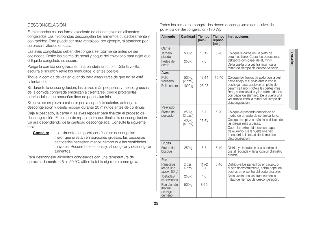 Samsung GW72N/XEC, GW72N/XEG manual Descongelación, Alimento Cantidad Tiempo Instrucciones Min Reposo 