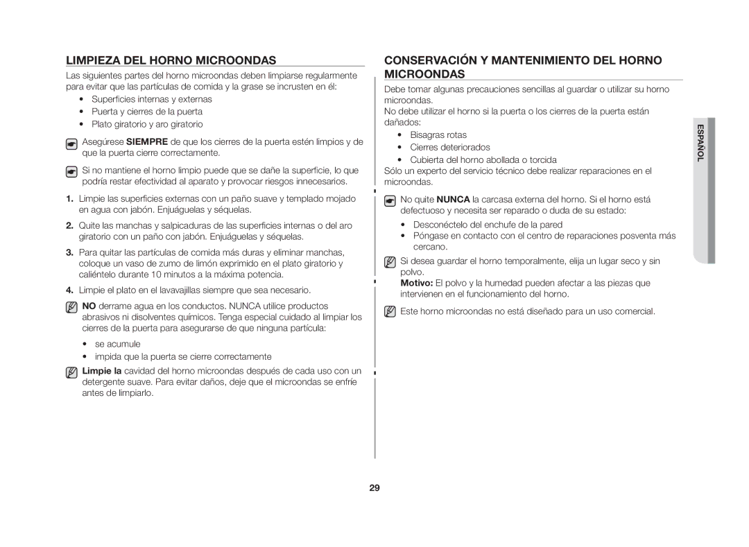 Samsung GW72N/XEC, GW72N/XEG manual Limpieza del horno microondas, Conservación y mantenimiento del horno microondas 