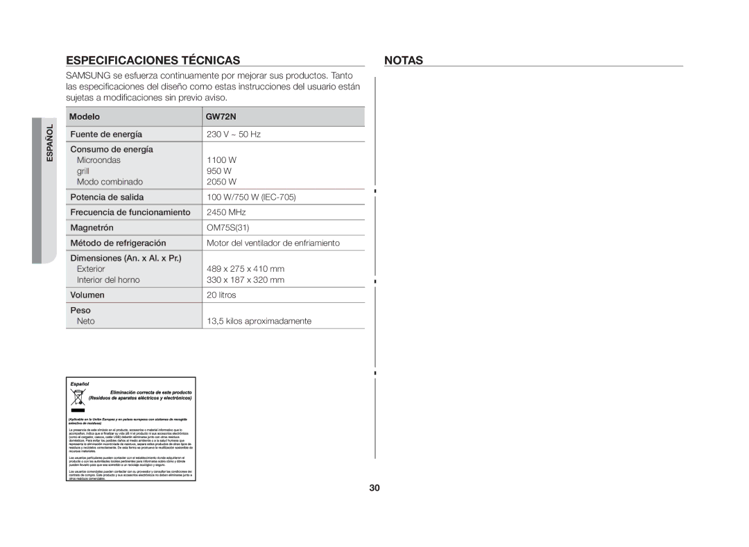 Samsung GW72N/XEG, GW72N/XEC manual Especificaciones técnicas Notas, Sujetas a modificaciones sin previo aviso, Modelo 