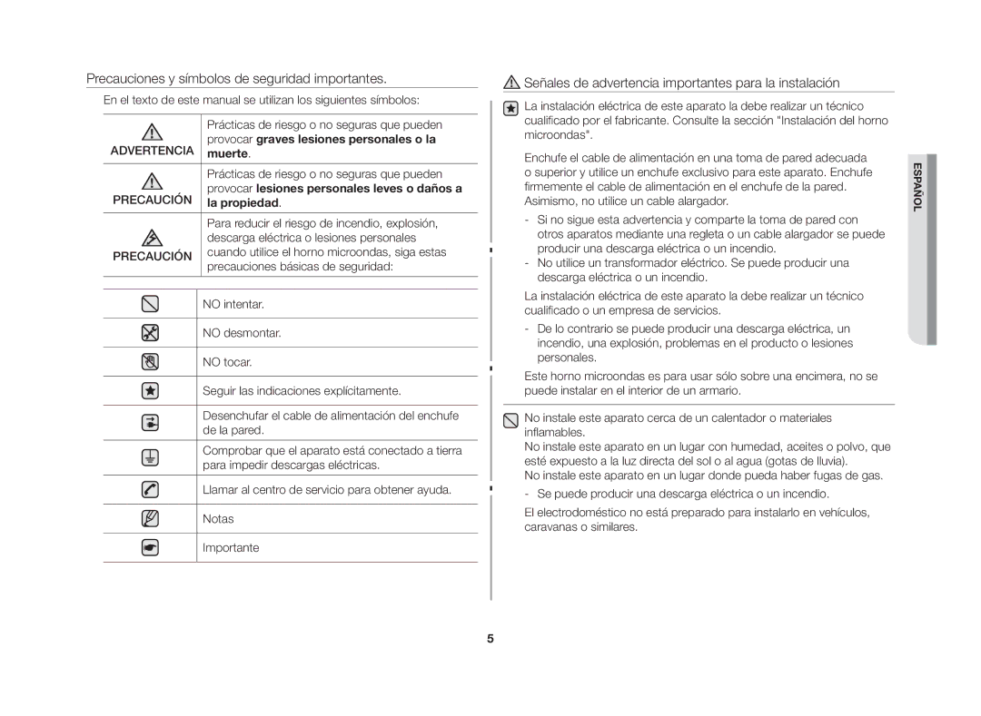 Samsung GW72N/XEC Precauciones y símbolos de seguridad importantes, Señales de advertencia importantes para la instalación 