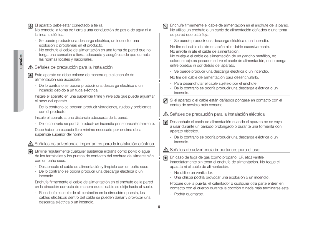 Samsung GW72N/XEG Señales de precaución para la instalación eléctrica, Señales de advertencia importantes para el uso 