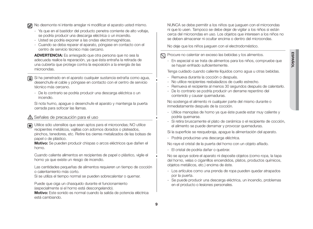 Samsung GW72N/XEC, GW72N/XEG manual Señales de precaución para el uso 