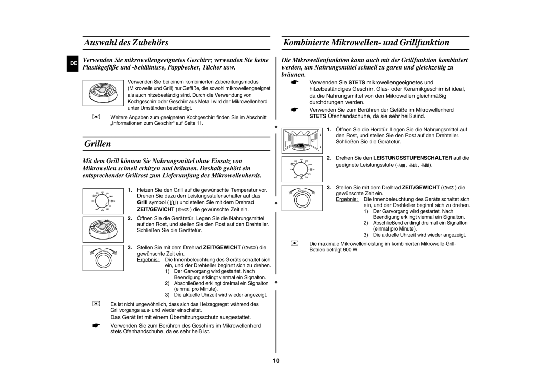 Samsung GW72N/XEG manual Grillen, Plastikgefäße und -behältnisse, Pappbecher, Tücher usw 