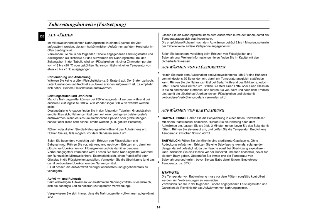 Samsung GW72N/XEG manual Aufwärmen VON Flüssigkeiten, Aufwärmen VON Babynahrung, Hinweis 