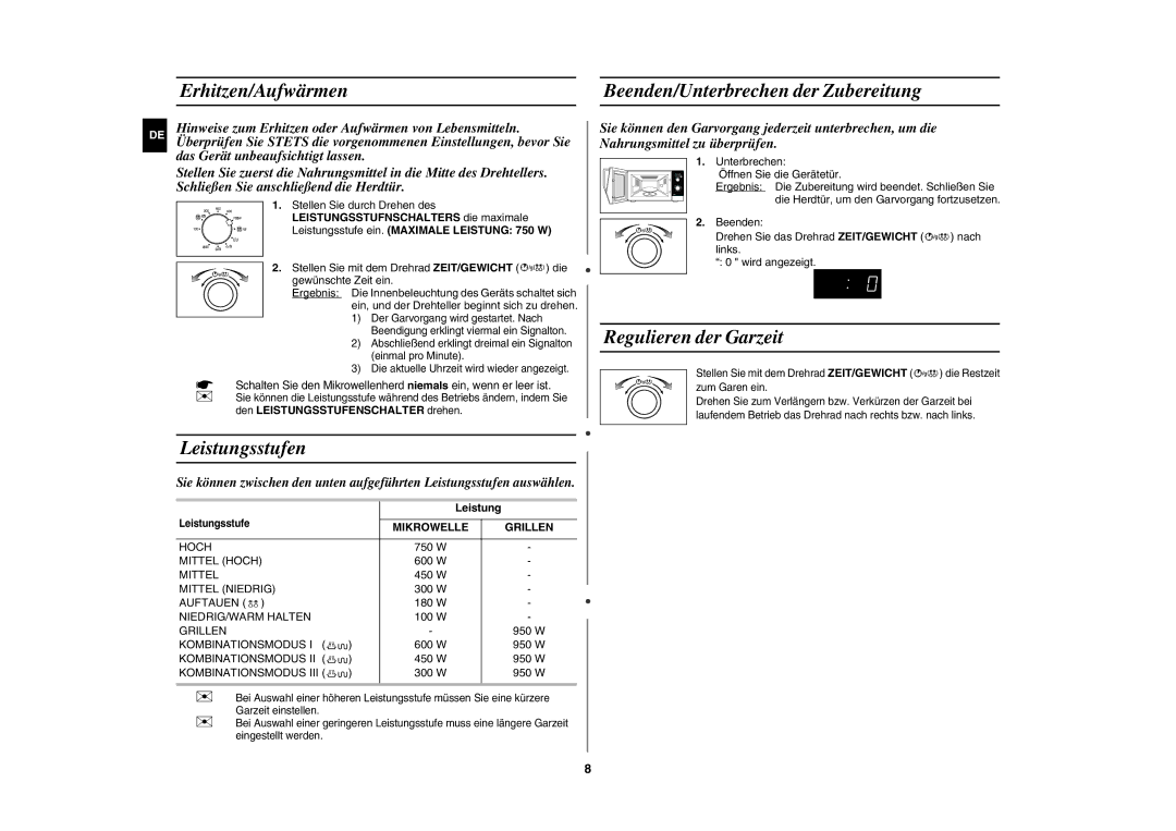 Samsung GW72N/XEG Erhitzen/Aufwärmen Beenden/Unterbrechen der Zubereitung, Leistungsstufen, Regulieren der Garzeit, 950 W 