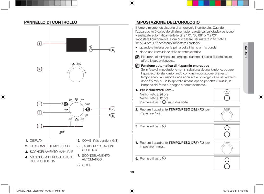 Samsung GW72V-SSX/XET manual Pannello DI Controllo, Impostazione DELL’OROLOGIO, Combi Microonde + Grill 