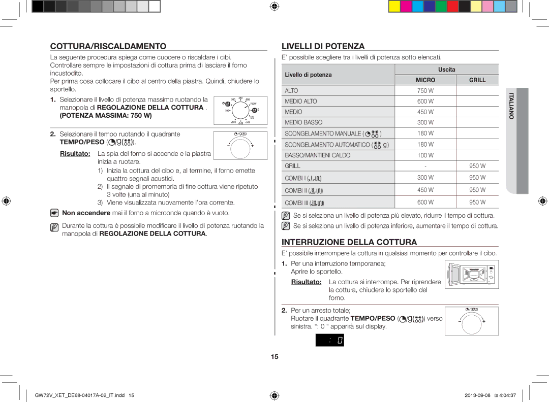 Samsung GW72V-SSX/XET Cottura/Riscaldamento, Livelli DI Potenza, Interruzione Della Cottura, Livello di potenza Uscita 