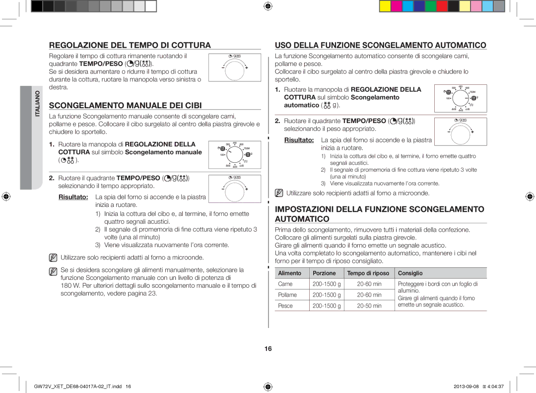 Samsung GW72V-SSX/XET manual Regolazione DEL Tempo DI Cottura, Scongelamento Manuale DEI Cibi 