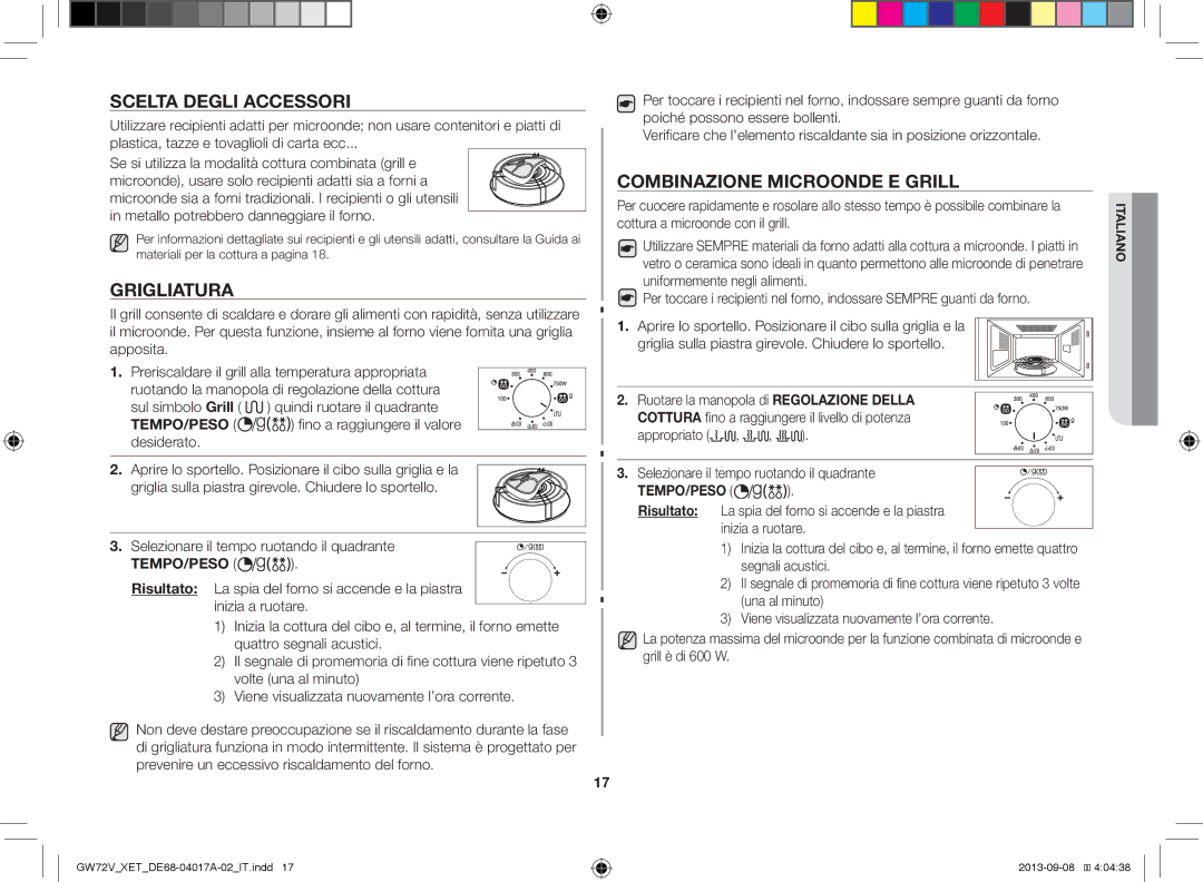 Samsung GW72V-SSX/XET manual Scelta Degli Accessori, Grigliatura, Combinazione Microonde E Grill 