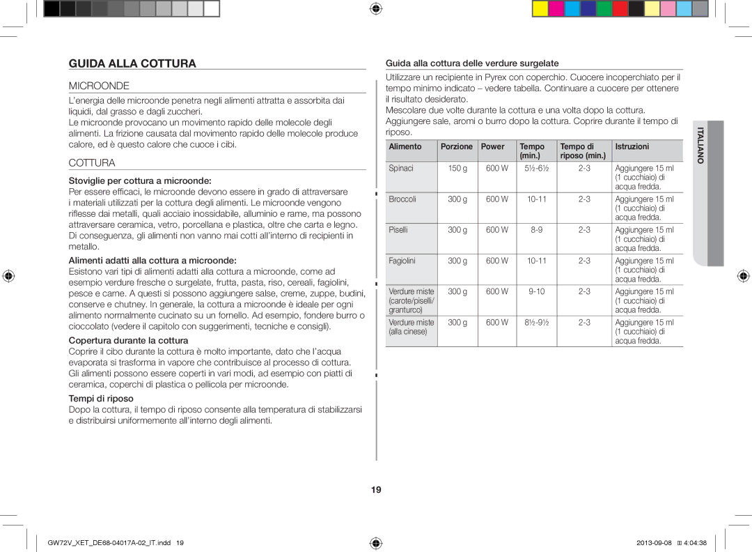 Samsung GW72V-SSX/XET manual Guida Alla Cottura, Microonde, Alimento Porzione Power Tempo Tempo di Istruzioni Min 