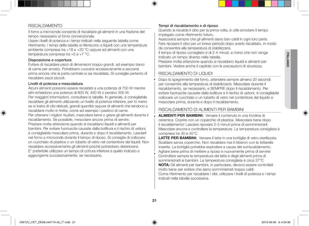 Samsung GW72V-SSX/XET manual Riscaldamento DI Liquidi, Riscaldamento DI Alimenti PER Bambini 