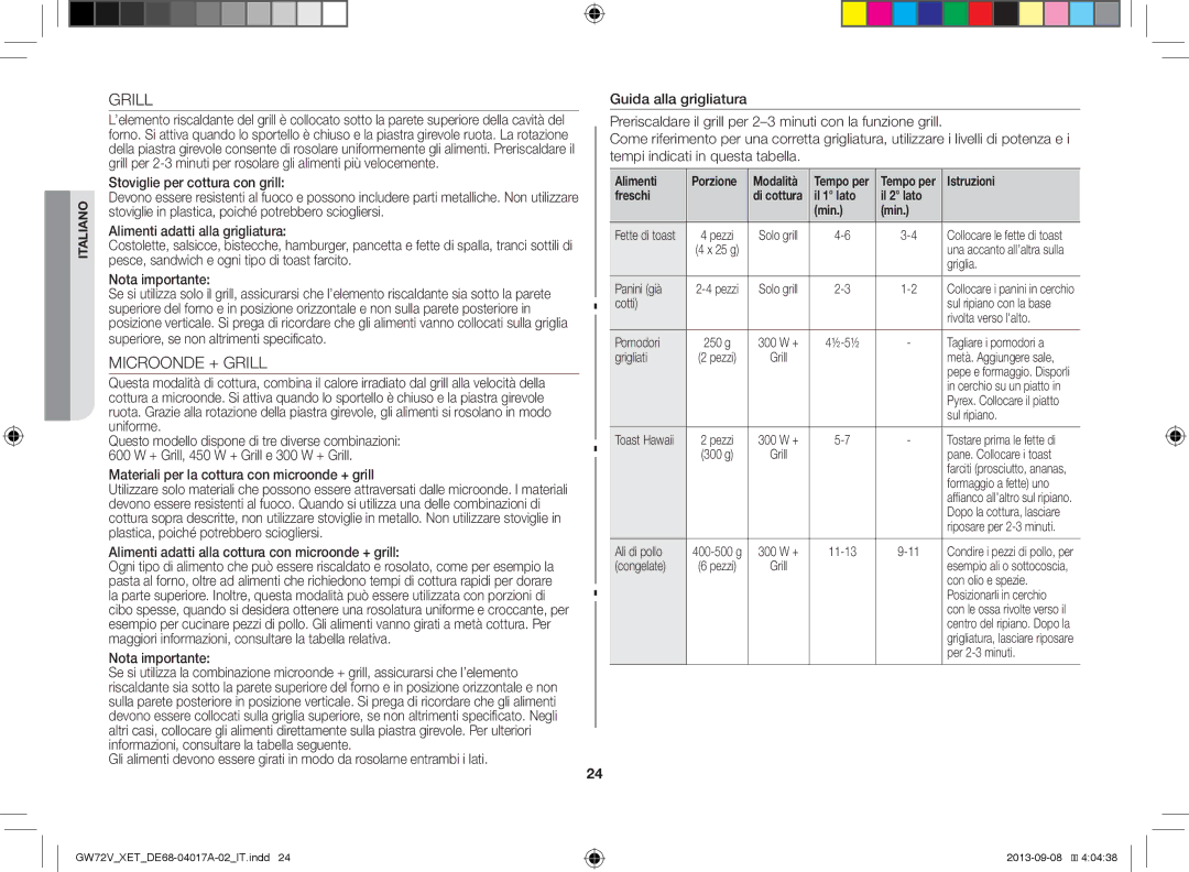 Samsung GW72V-SSX/XET manual Microonde + Grill, Alimenti, Freschi, Il 1 lato Il 2 lato Min 