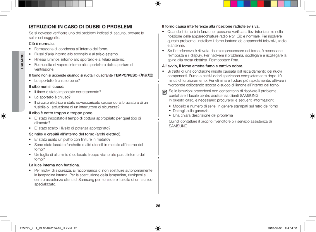 Samsung GW72V-SSX/XET manual Istruzioni in Caso DI Dubbi O Problemi 