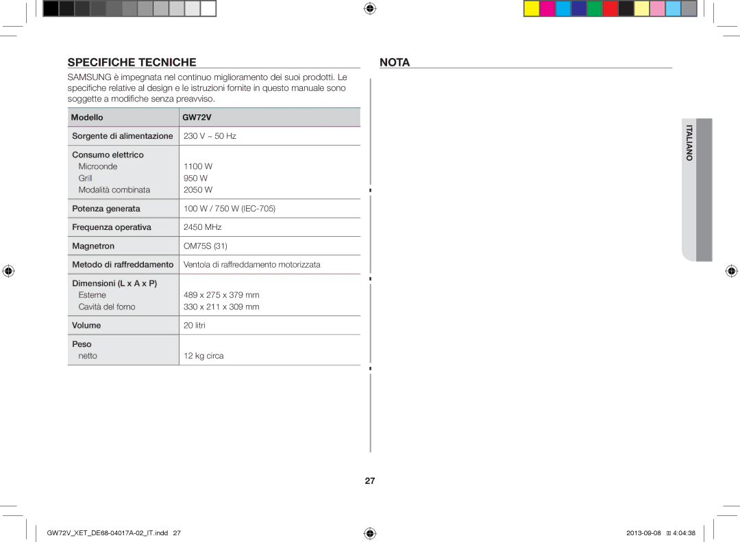 Samsung GW72V-SSX/XET manual Specifiche Tecniche Nota, Soggette a modifiche senza, Modello, Sorgente di alimentazione 