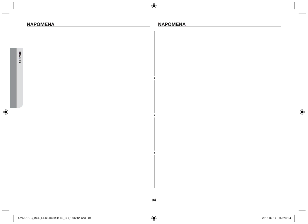 Samsung GW731K-B/BOL manual Napomena 